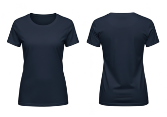 A navy blue womens tshirt is displayed from the front and back on a transparent background