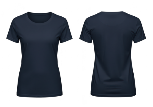 A navy blue womens tshirt is displayed from the front and back on a transparent background