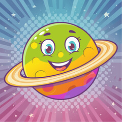 Whimsical Vector Illustration of a Face on a Quirky Planet, Funky 70s and 80s Inspired Design, Abstract Psychedelic Space Element Icon.