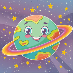 Psychedelic vector drawing of crazy planet with face. Groovy space element icon. 70s and 80s style funky design. Abstract acid art sticker