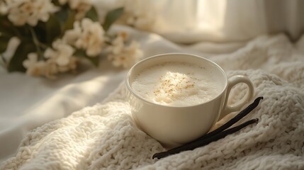A cup of creamy vanilla chai, with vanilla pods, in a relaxing indoor setting with space for text