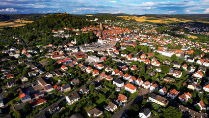 Aerial view around the old town in the city Homberg in hessen on an sunny spring afternoon in Germany	