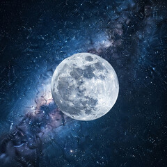 Naklejka premium A full moon shining brightly against a backdrop of a vibrant and colorful starry night sky scene view