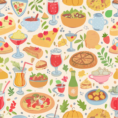 Seamless vector pattern with hand drawn whimsical illustrations of food and drinks. Background with doodle drawings of italian and french food, cocktails, flowers and decor. Coquette line art texture