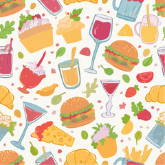 Seamless vector pattern with hand drawn whimsical illustrations of food and drinks. Background with doodle drawings of italian and french food, cocktails, flowers and decor. Coquette line art texture