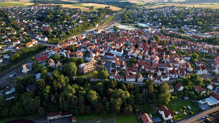 Aerial view around the old town in the city Treysa
34613 Schwalmstadt on an sunny spring day