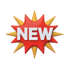 PNG a photo of a red and yellow burst or explosion shape with the word "NEW" in the center, 3d render, highly detailed, photorealistic, glossy, vivid colors
