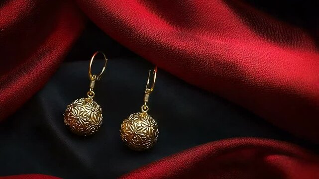Gold patterned ball earrings on dark fabric