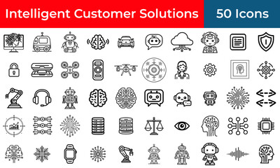 Customer service icon set for AI chatbot and support automation, a collection of outline vector symbols for helpdesk and user assistance.
