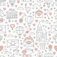Seamless vector banner with romantic doodle drawings in line art style. Coquette background for valentine's day, wedding, dating event. Cute banner texture with outline whimsical illustrations