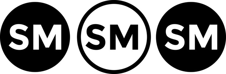 Service mark icon set. SM symbol icons. Letter SM in round sign.  Round icons with black color.  Intellectual property signs
