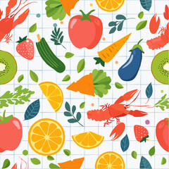 Seamless vector pattern with contemporary art food illustrations. Vegetables, fruits, berries, lobster, fish in trendy geometric style on checkered background. Colorful abstract dinner party texture