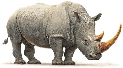 Naklejka premium Gray rhino, full shot, facing forward, with a single horn, stands on four legs on a light beige background