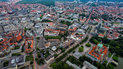 Aerial view around the old town in the city Hanover on an sunny spring day	