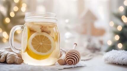  A cup of ginger and lemon hot tea, with a honey jar, with a cozy winter background and space for text