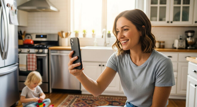 Woman video calling from kitchen while child plays in the background