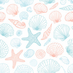 Seamless vector banner with hand drawn sea shells, conch, tentacle, starfish, corals. Outline marine drawings on wide background. Pattern with sketch silhouettes of seashore elements