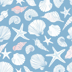 Seamless vector banner with hand drawn sea shells, conch, tentacle, starfish, corals. Outline marine drawings on wide background. Pattern with sketch silhouettes of seashore elements