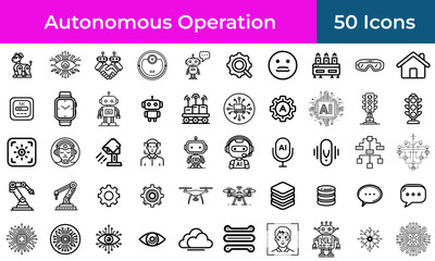 Autonomous systems icon set for robotics and logistics, a collection of outline symbols for delivery drones and smart factory automation.
