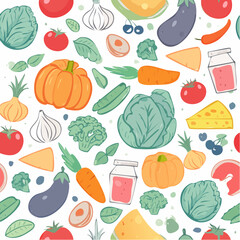 Seamless vector banner with hand drawn supermarket products illustrations. Background with doodle food sketches. Concept for grocery delivery and shopping. Cooking ingredients pattern