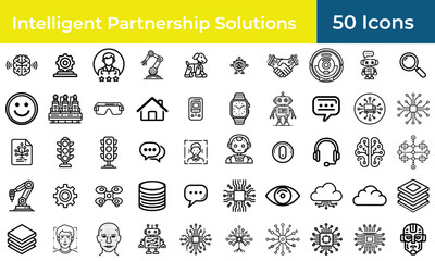AI icon set for human resources and customer relations, a collection of outline symbols for chatbot assistants and recruitment automation.
