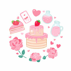 Set of y2k pink girly clipart. Cute cake, milk, rose flower, strawberry, cassette, vintage mirror. Coquette trendy decor. 2000s aesthetic. Glamour vector elements for card, poster, collage design.