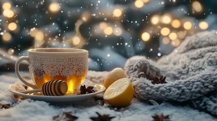 A cup of ginger and lemon hot tea, with a honey jar, with a cozy winter background and space for text