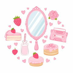 Set of y2k pink girly clipart. Cute cake, milk, rose flower, strawberry, cassette, vintage mirror. Coquette trendy decor. 2000s aesthetic. Glamour vector elements for card, poster, collage design.