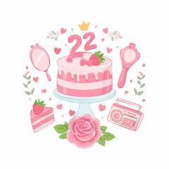 Set of y2k pink girly clipart. Cute cake, milk, rose flower, strawberry, cassette, vintage mirror. Coquette trendy decor. 2000s aesthetic. Glamour vector elements for card, poster, collage design.