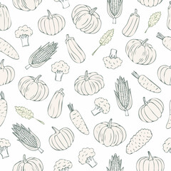 Seamless banner with outline vegetable icons. Background with hand drawn drawings of carrot, cabbage, broccoli, corn, pumpkin. Sketch food pattern. Doodle silhouettes of harvest elements
