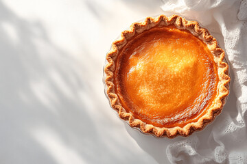 Homemade pumpkin pie on clean white background, isolated food image with natural color and detailed crust texture