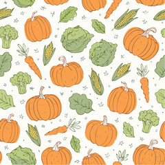 Seamless banner with outline vegetable icons. Background with hand drawn drawings of carrot, cabbage, broccoli, corn, pumpkin. Sketch food pattern. Doodle silhouettes of harvest elements