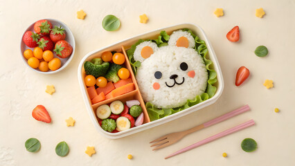 A delightful childrens bento box features a cute panda rice ball and colorful vegetables