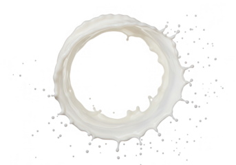 A circular splash of milk creates a dynamic and abstract design against a transparent background