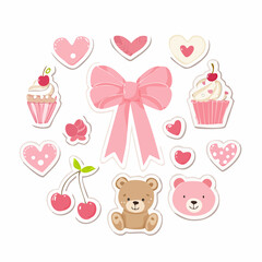 Set of cute coquette stickers for planner and diary. Bow, ribbon, cherry, note, sheet, bear, heart scrapbook elements in girly pink style. Hand drawn journaling clip art. Vector illustration
