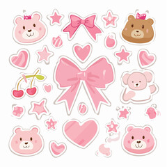 Obraz premium Collection of Adorable Coquette Planner Stickers Featuring Bow, Ribbon, Cherry, Note, Bear, Heart, and Sheet Elements in Feminine Pink Aesthetic, Hand-Drawn Clip Art, Vector Design.