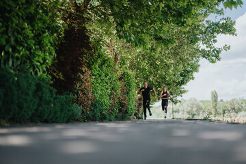 Two individuals jogging together on a shaded pathway surrounded by lush green trees, promoting fitness, healthy living, and enjoying nature on a beautiful day in the park.