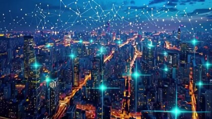 Aerial view of a city at night with digital network overlay - Powered by Adobe