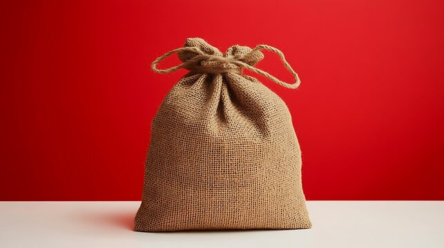 Burlap sack tied with string sitting on a white surface against a red background