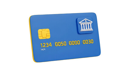 Blue Bank Card Digital Render: A digitally rendered bank card, featuring a prominent blue surface and golden chip and a bank building icon, symbolizing secure and seamless financial transactions