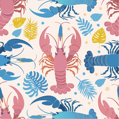 Seamless vector pattern with abstract lobster illustration. Marine animal silhouette on background. Sea food texture for wallpaper, textile, fabric, wrapping paper