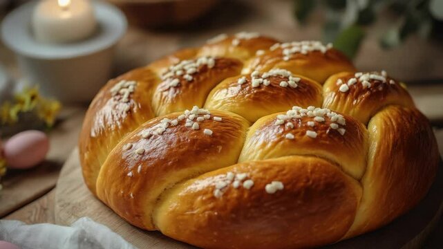 Freshly baked golden challah bread with sesame seeds on top, served on a wooden board. Perfect for holiday celebrations.