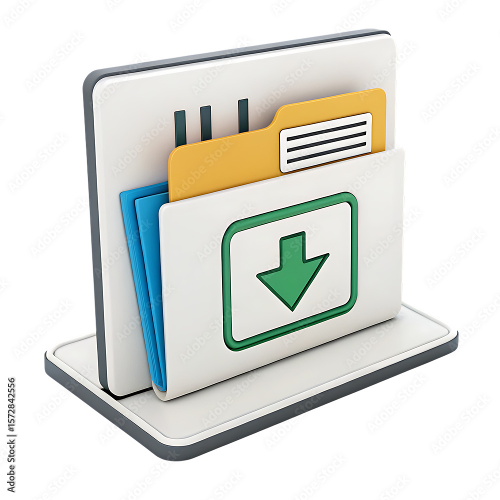 Poster document file folder icon with download arrow symbol for digital data storage and file management sy