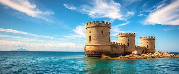 Ancient stone fishing towers stand against the Adriatic Sea near Vieste, Gargano National Park, Puglia, Italy, coast, daylight