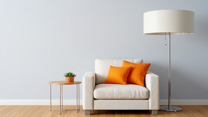 Comfortable cream armchair with orange cushions and a modern floor lamp