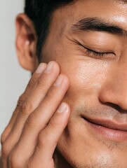 Minimal style image of an Asian working man placing his hands gently on his face to demonstrate a skincare routine. Clean tone suitable for men's cosmeceuticals.