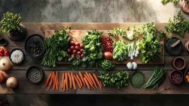 Arrangement of assorted vegetables and herbs on a wooden table