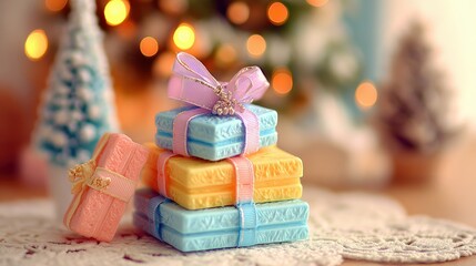 Three small wrapped gift boxes stacked vertically with colorful ribbons on a white background.