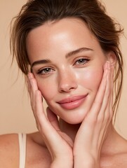 Hands lightly touching the face on both sides, conveying a moment of personal relaxation, suitable for advertising serum or relaxation products.