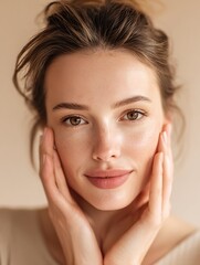 Hands lightly touching the face on both sides, conveying a moment of personal relaxation, suitable for advertising serum or relaxation products.